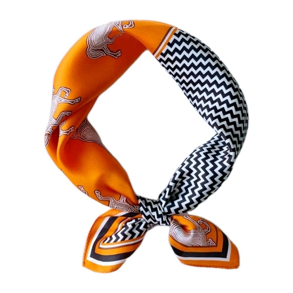 Women's Unbranded 100% Silk Orange Geometric Horse Print Square Scarf 21x21 in